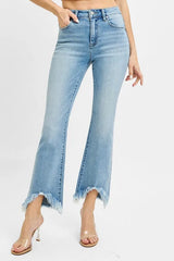 Hazel Blues® | RISEN High Rise Crop Bootcut Fray Hem Jeans