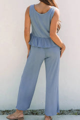 Hazel Blues® | Color Ribbed Ruffle Tank Top and Pants Set