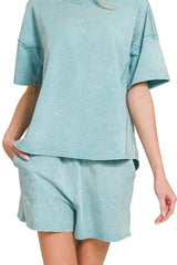 Hazel Blues® | Zenana Acid Washed Short Sleeve Tee & Shorts Set