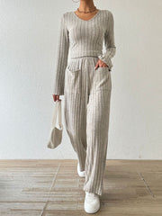 Hazel Blues® | Ribbed V-Neck Long Sleeve Top and Pocketed Pants Set