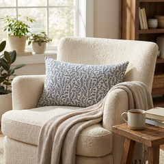 Deep Blue Reef Blue, cream Floral Luxury Throw Pillow