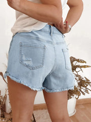 Hazel Blues® | High Rise Distressed Raw Hem Denim Shorts