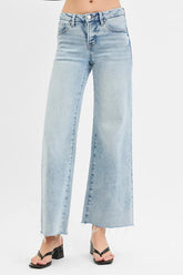 Hazel Blues® | RISEN Tummy Control Low Rise Wide Leg Raw Cut Hem Jeans