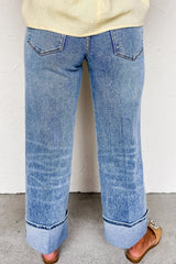 Hazel Blues® | High-Waisted Wide-Leg Cuffed Jeans