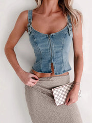 Hazel Blues® | Fitted Denim Corset Tank Top with Front Zip
