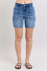 Hazel Blues® | Judy Blue Mid Rise Bermudas Denim Shorts W/ Back Flap Pockets