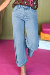 Hazel Blues® | High-Waisted Wide Leg Frayed Hem Jeans
