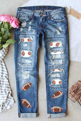 Hazel Blues® | Sky Blue Sequin Football Patchwork Distressed Straight Leg Jeans