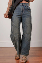 Hazel Blues® | Exposed Stitching Loose Straight High Waist Jeans