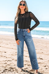 Hazel Blues® | Stone Blue Star Patchwork Cropped Wide Leg High Waist Jeans
