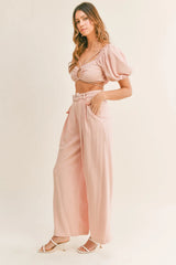 Hazel Blues® | MABLE Cut Out Drawstring Crop Top and Belted Pants Set