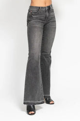 Hazel Blues® | Judy Blue Mid Rise Tummy Control Washed Gray Release Hem Flare Jeans