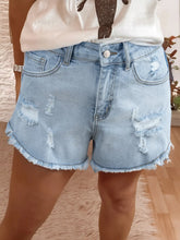 Hazel Blues® | High Rise Distressed Raw Hem Denim Shorts