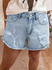 Hazel Blues® | High Rise Distressed Raw Hem Denim Shorts