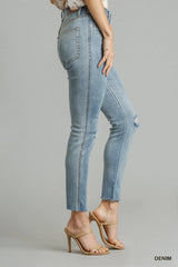 Hazel Blues® | Umgee 5-Pockets Distressed Detail Stretch Denim Skinny Jeans with Unfinished Hem