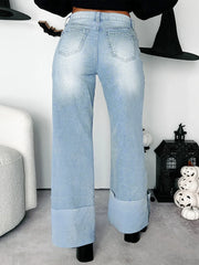 Hazel Blues® | High-Waisted Wide-Leg Jeans with Cuffed Hem