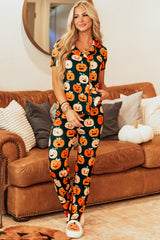 Hazel Blues® | Orange Halloween Pattern Short Sleeve Shirt Pajama Set