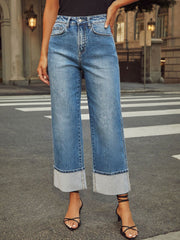 Hazel Blues® | High Waisted Straight Leg Rolled Jeans