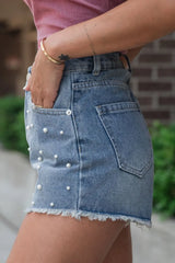 Hazel Blues® | Pearl Beaded Raw Hem Wash Denim Shorts