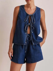 Hazel Blues® | Tie Front Vest and Shorts Denim Set