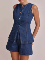 Hazel Blues® | Button Down Vest and Shorts Denim Set