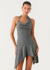 Bad Alive Halter Hanky Mini Dress Grey Marle Stripe
