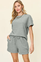 Hazel Blues® | Double Take Texture Short Sleeve T-Shirt and Drawstring Shorts Set
