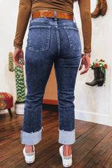 Hazel Blues® | Folded Cuffs Distressed Straight High Waist Jeans