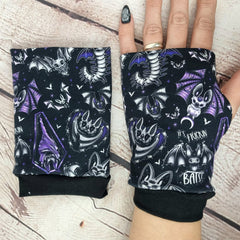 Purple goth bats fingerless gloves cold hands women