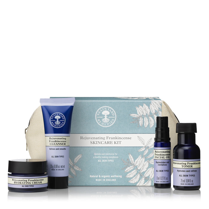 Skincare kit in an organic cotton pouch with travel size products.