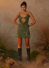 Celosia Beaded Mini Dress Khaki