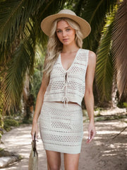 Hazel Blues® |  Openwork V-Neck Top and Skirt Knit Cover Up Set