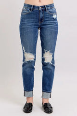 Hazel Blues® | Judy Blue Mid Rise Boyfriend destroy Jeans with Yoke Pockets and Faux Selvedge Cuff