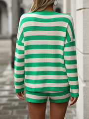 Hazel Blues® |  Striped Round Neck Top and Shorts Sweater Set