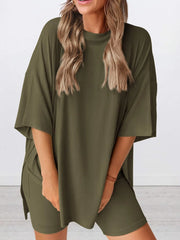 Hazel Blues® | Oversized Slit Round Neck Top and Shorts Lounge Set
