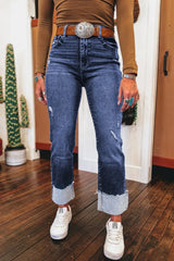 Hazel Blues® |  Folded Cuffs Distressed Straight High Waist Jeans