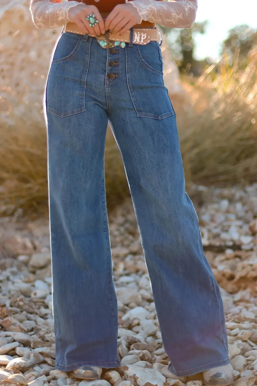 Hazel Blues® |  High-Waisted Wide-Leg Button-Front Jeans