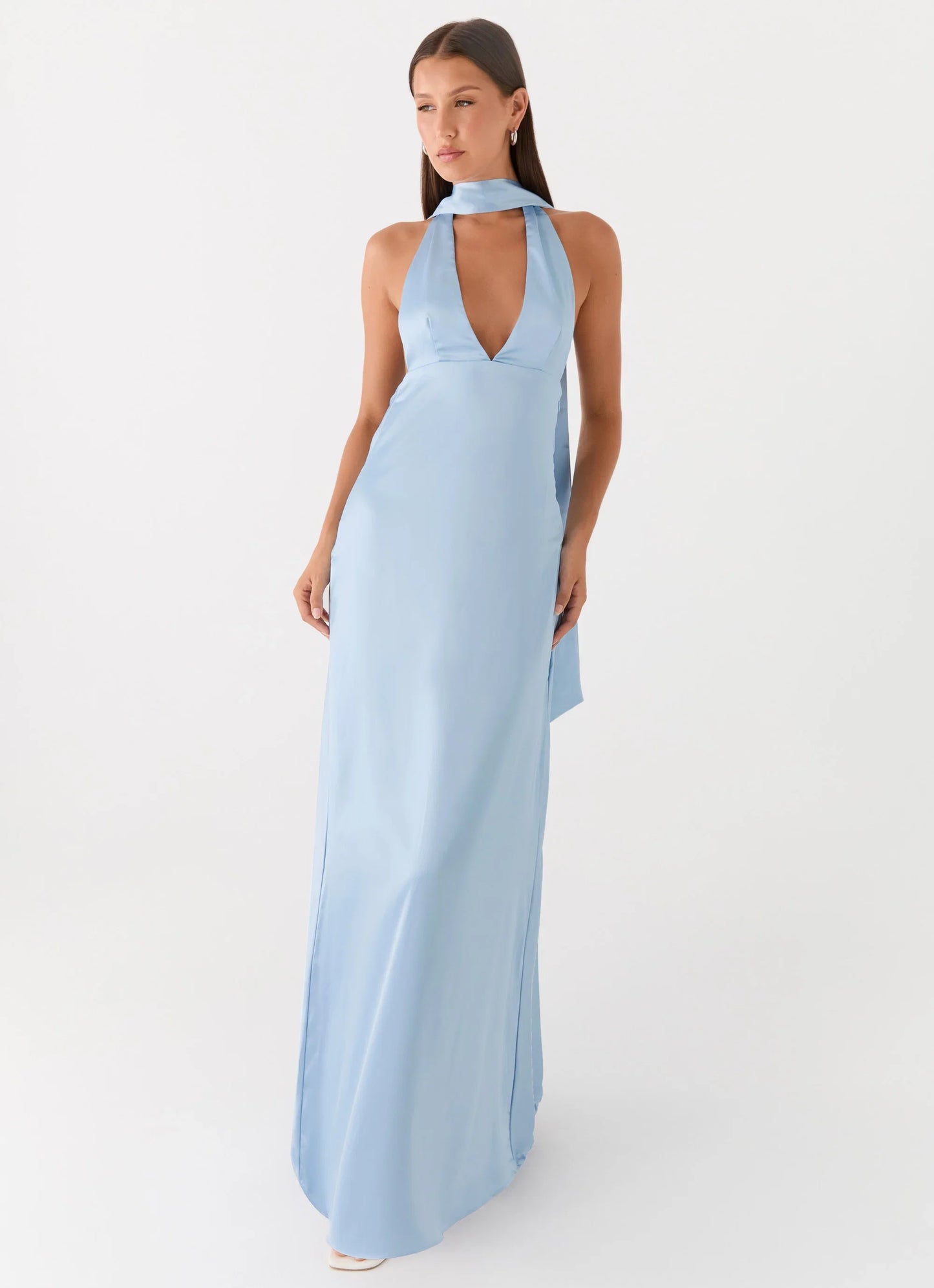 Alicia Satin Halter Maxi Dress Baby Blue