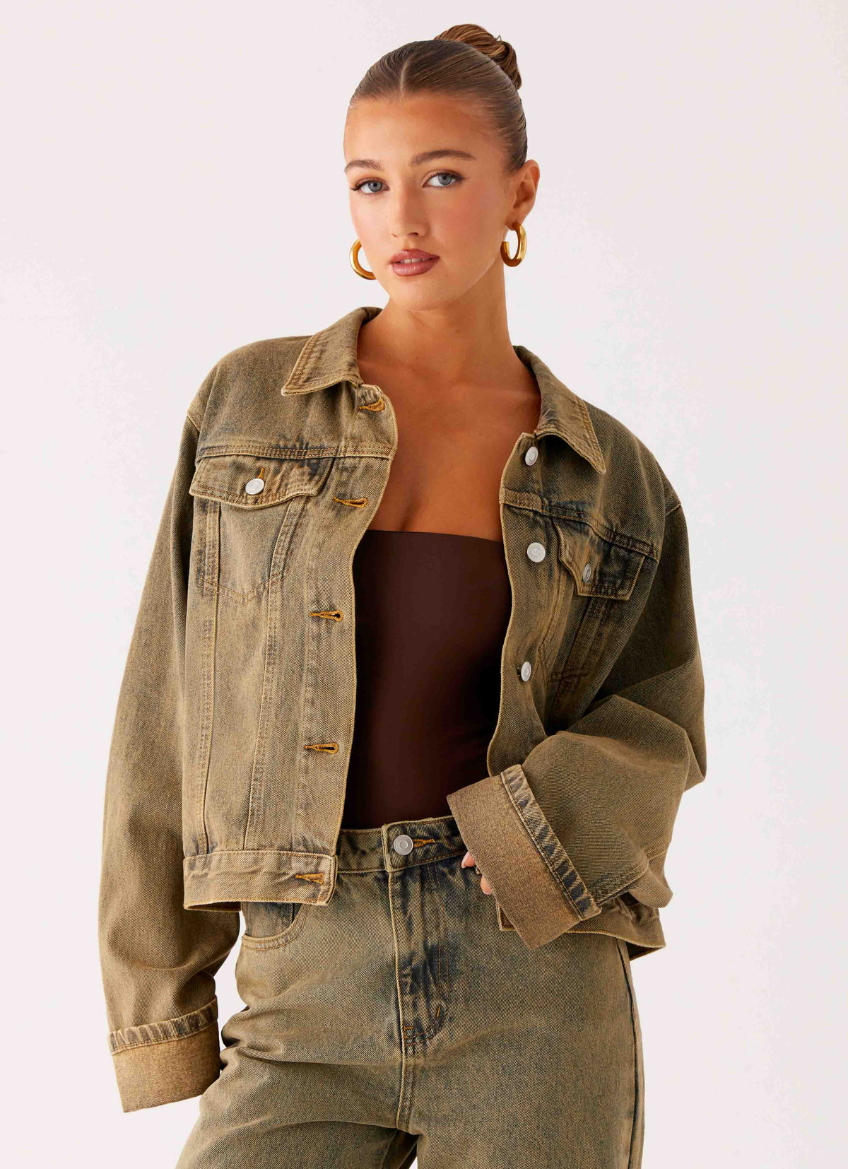 Back Again Oversized Denim Jacket Brown Sand Wash