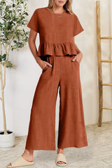 Hazel Blues® |  Peplum Round Neck Short Sleeve Top and Pants Set