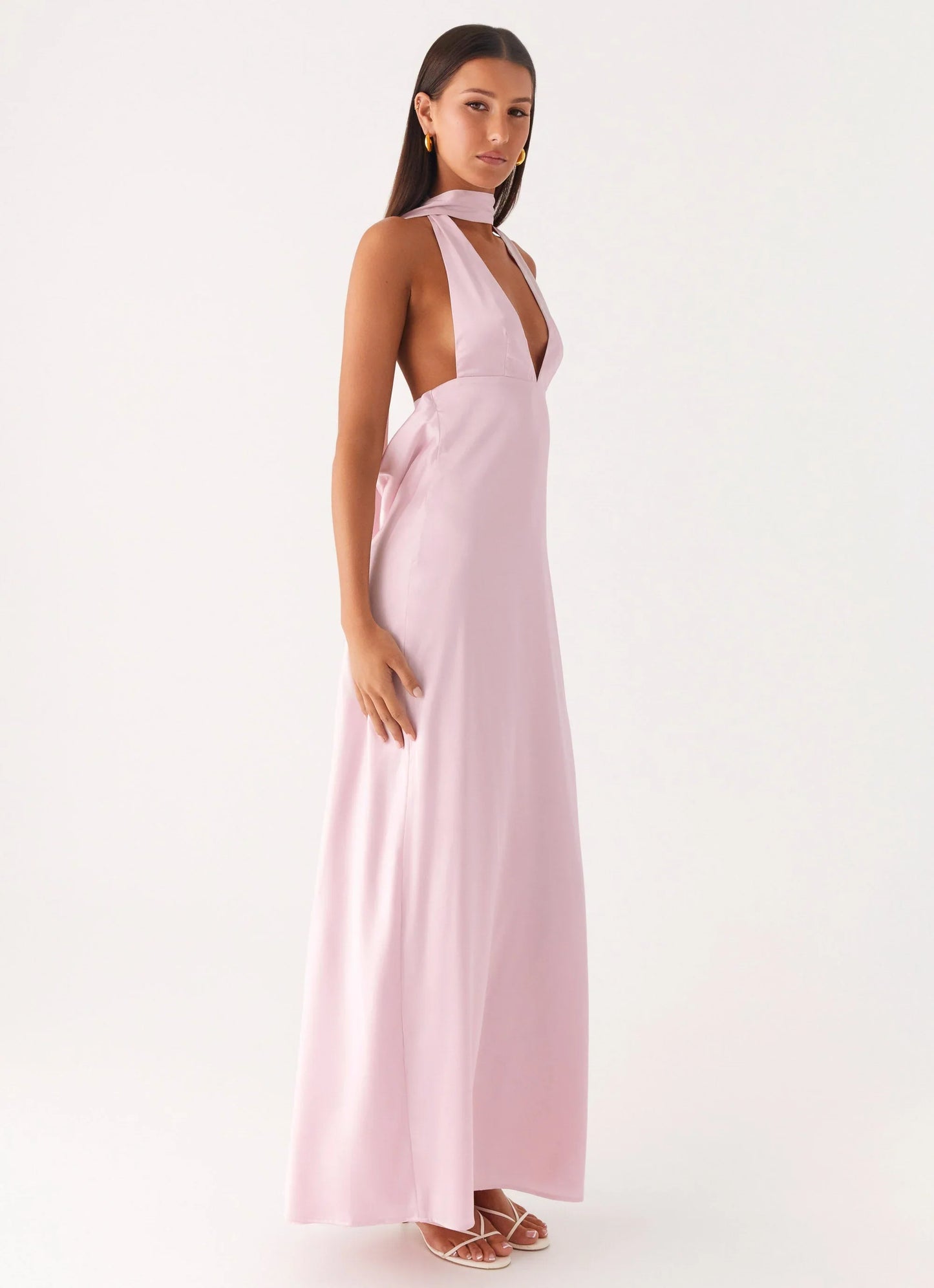 Alicia Satin Halter Maxi Dress Baby Pink