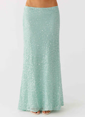 Amoura Sequin Low Rise Maxi Skirt Mint Sage