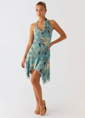 Bad Alive Halter Hanky Mini Dress Aqua Blur