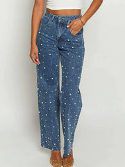Hazel Blues® |  Pearl Embellished High Waist Straight Leg Jeans