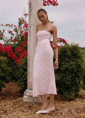 Alida Strapless Jacquard Midi Dress Pink