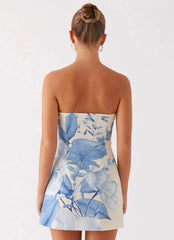 Denby Strapless Mini Dress Blue Floral Print