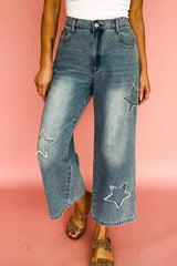 Hazel Blues® |  Star Embroidered High Waist Wide Leg Jeans