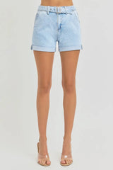 Hazel Blues® | RISEN High Rise Belted Roll Up Shorts