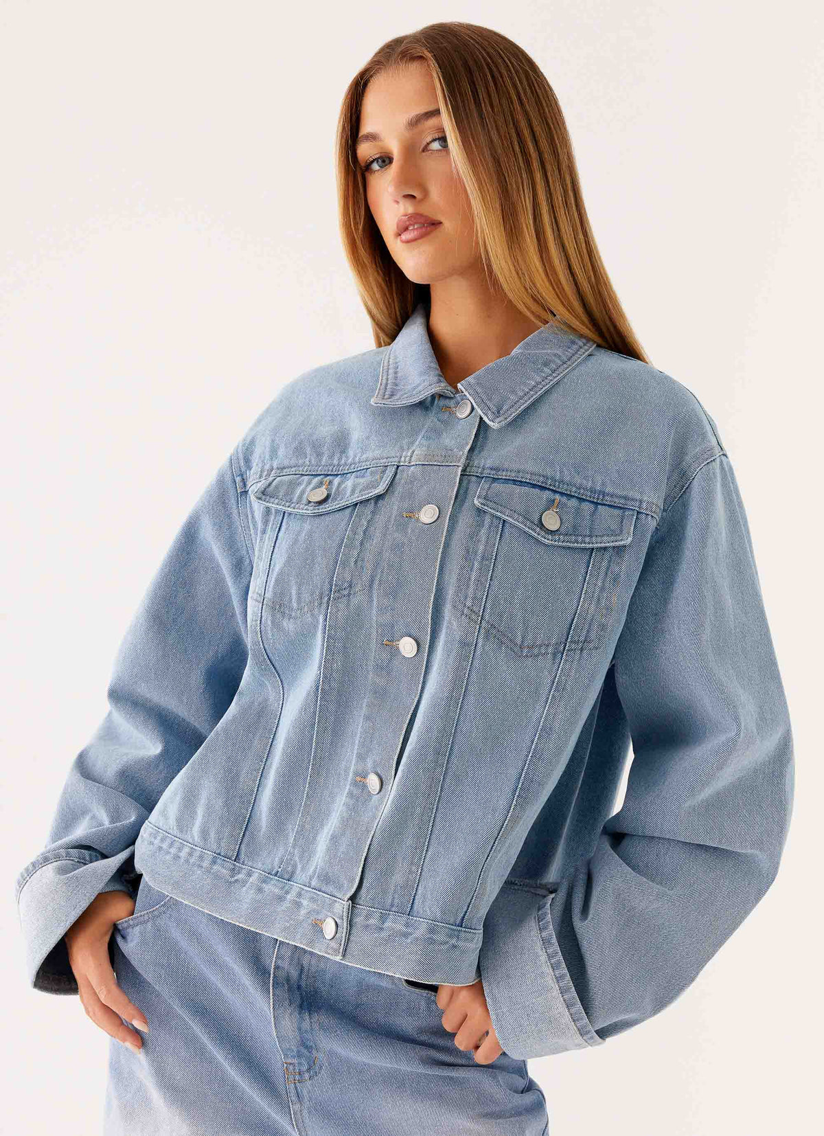 Back Again Oversized Denim Jacket Light Wash Blue
