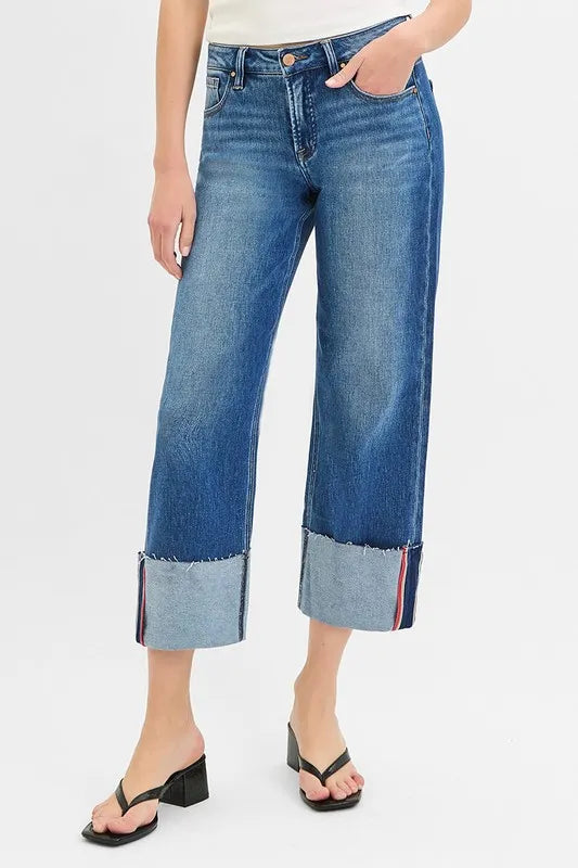 Hazel Blues® | RISEN Tummy Control Mid Rise Crop Wide Cuffed Jeans